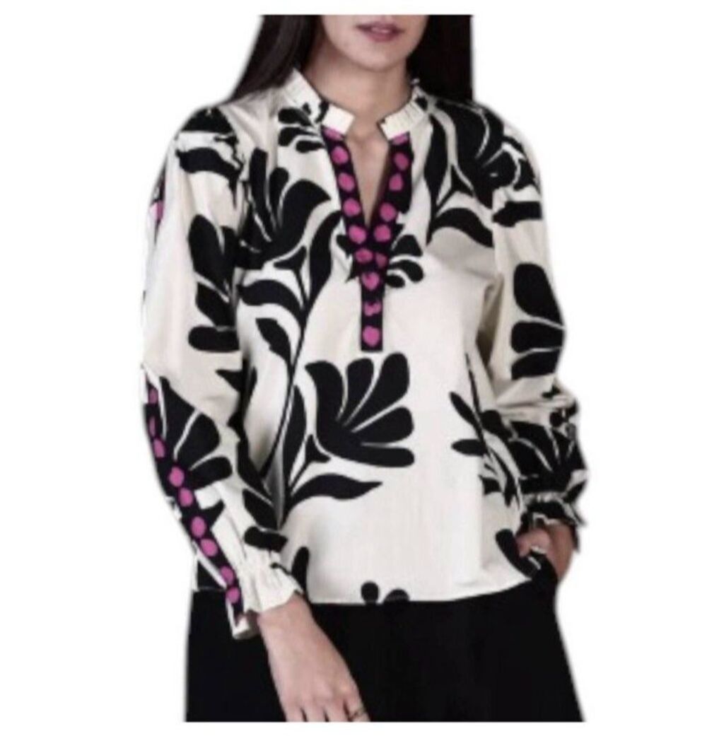 Maude Vivante Black Foliage Ashley Top Black White Pink Boho Large